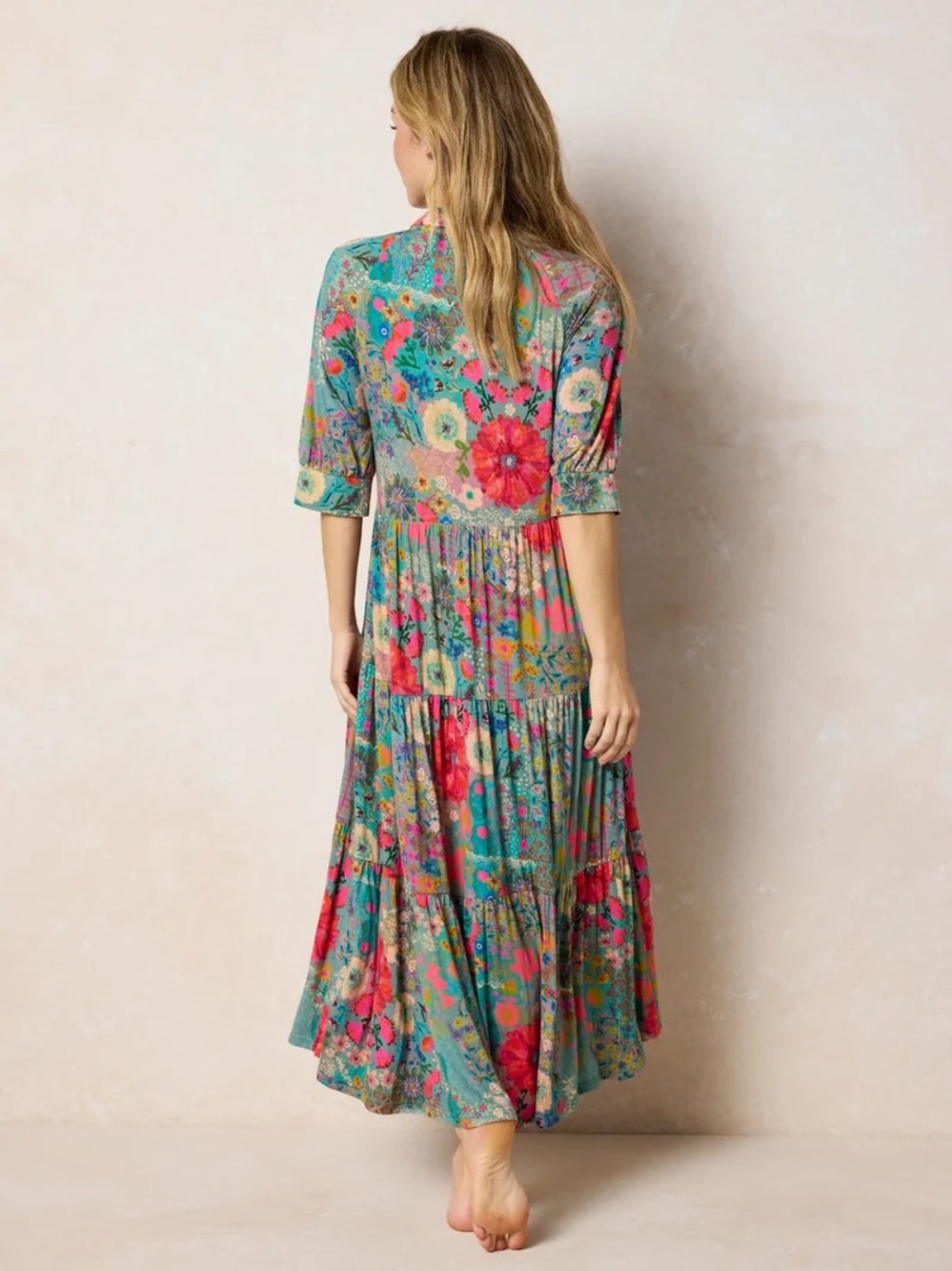 Natural Life Rebecca ButterSoft Midi Dress Blue Garden Patchwork Small NEW NWT - Picture 2 of 12